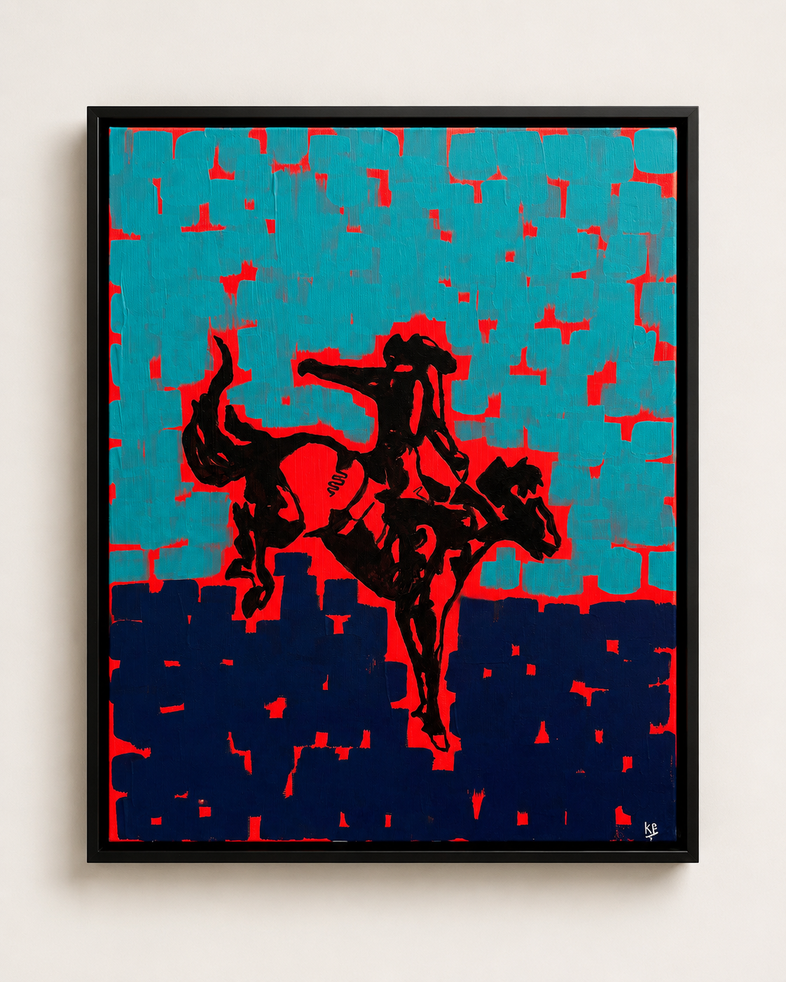 Rodeo — acrylic painting of a black bronco silhouette against a turquoise and navy background with red accents
