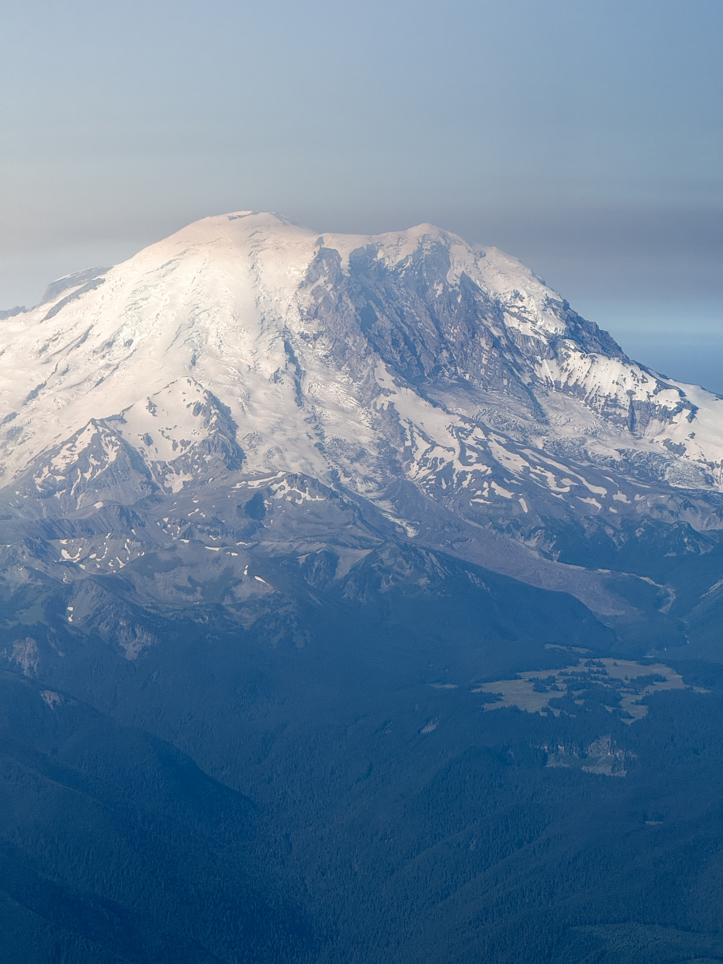 Snow-covered Mount Rainier rising above forested foothills