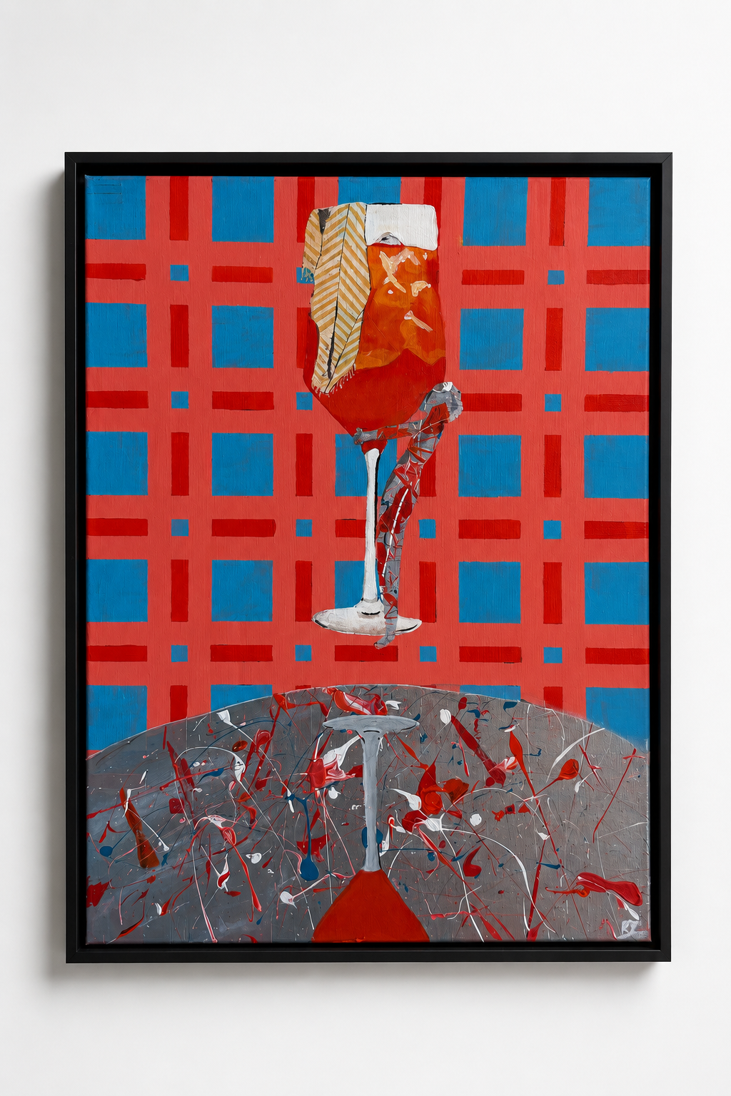 Aperitivo — acrylic painting of a cocktail glass on a red and blue checkered background with a splattered grey table