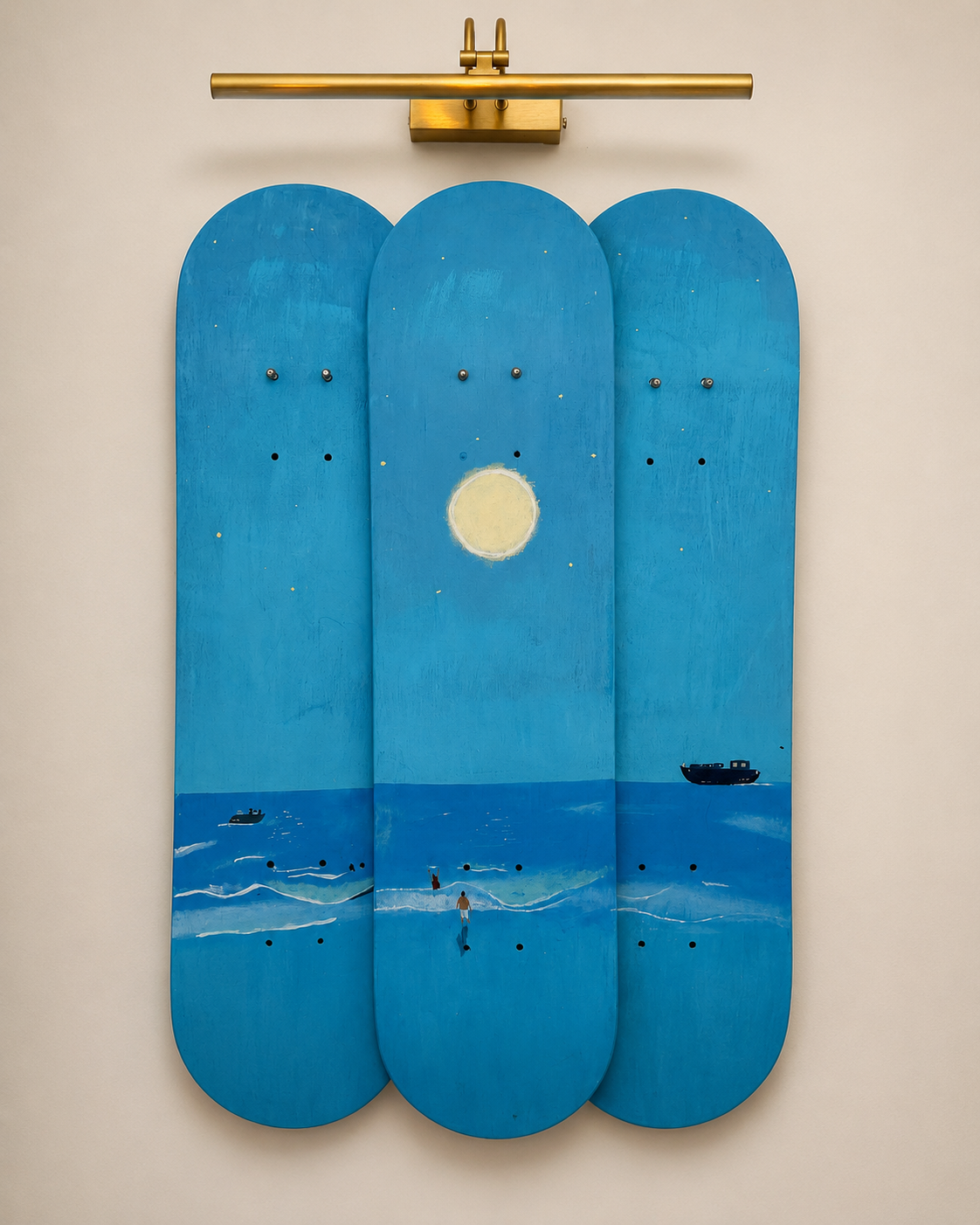 Night Swim — acrylic painting of a moonlit ocean across three skateboard decks, with a figure standing in the water