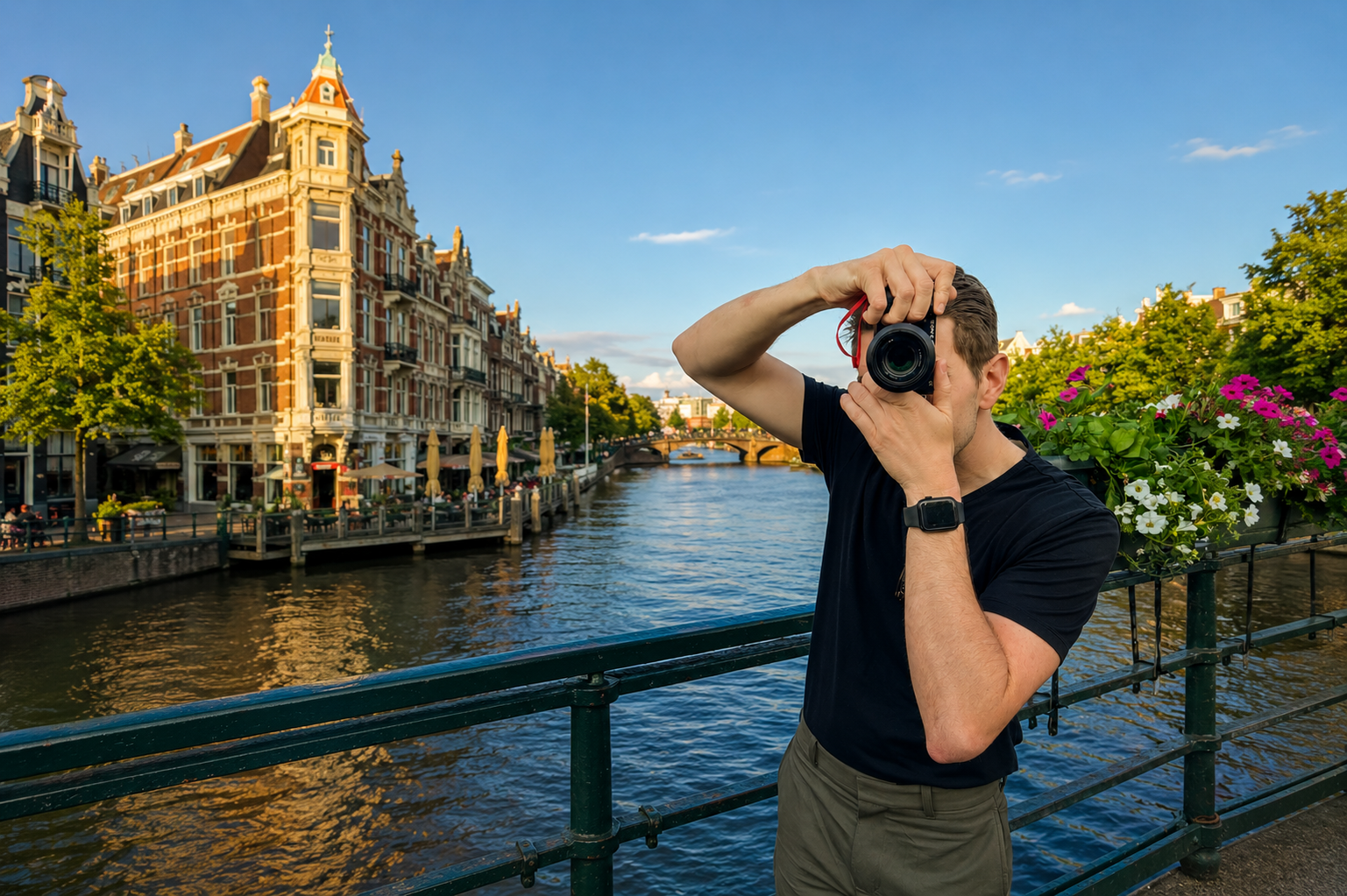 Kyle photographing an Amsterdam canal with a Sony camera