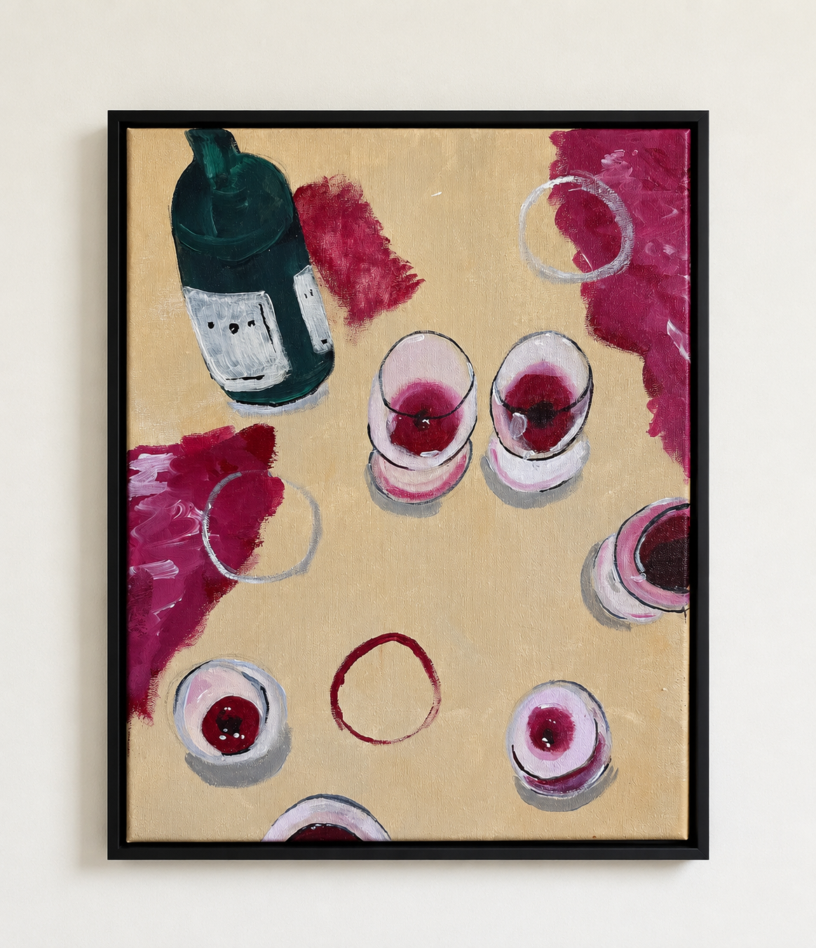Last Glass — acrylic painting of a wine bottle and glasses from above with red wine stains on a beige background