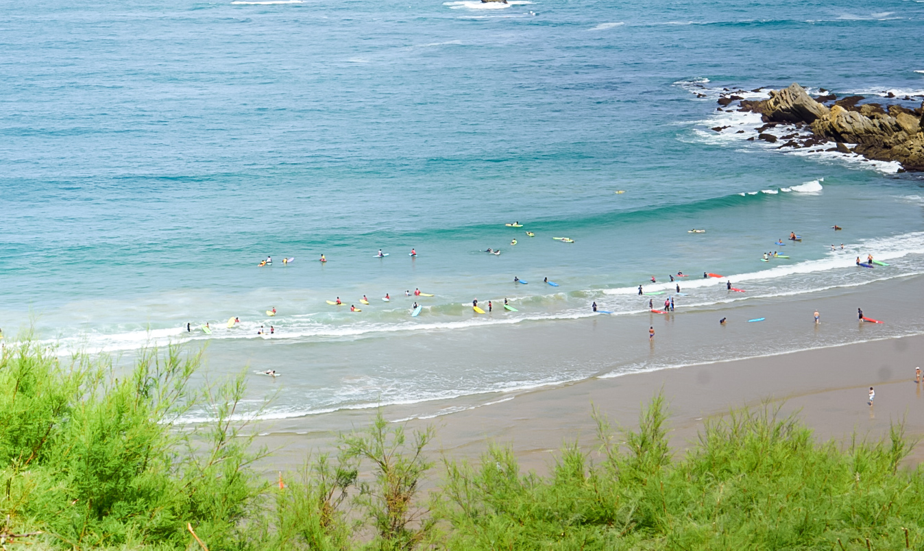 Surfers lined up along a Biarritz beach