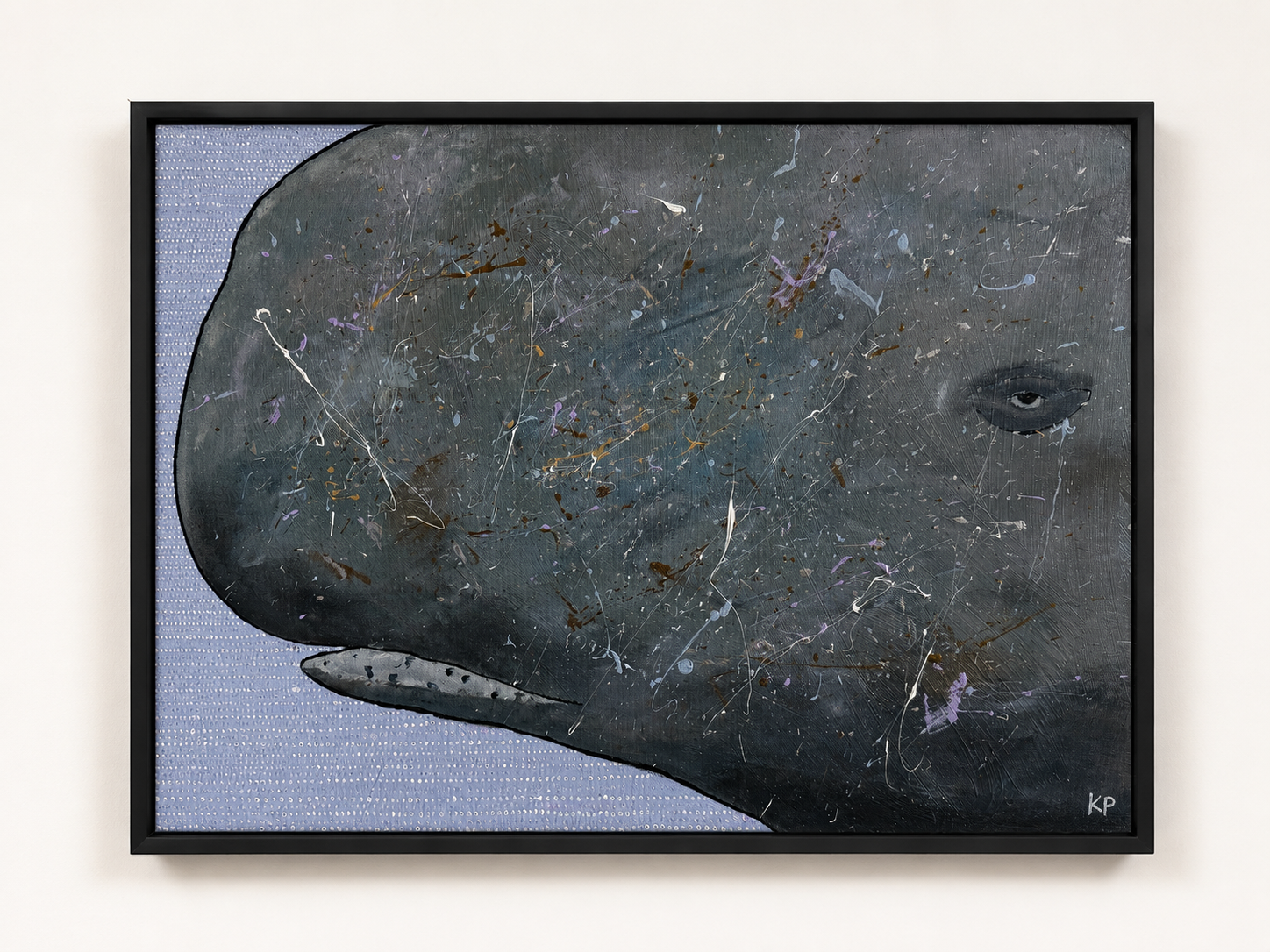 Whale — acrylic painting of a soft whale silhouette dissolving into blue and grey layers